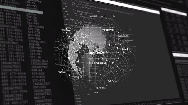 Dark frame starting 3D wireframe globe morphing into outlines, floating nodes showing global data