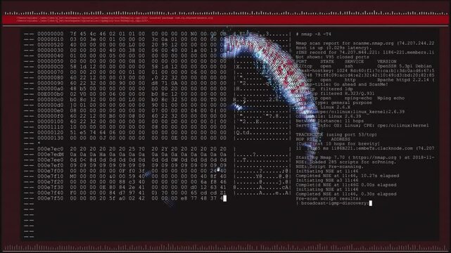 After pixel sphere appearing rotating globe spinning while data scrolling to visualize network scan