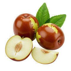 Jujube fruit with leaves and slices on transparent background