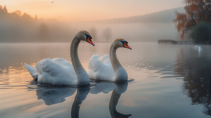 Tranquil Twilight: Swans Gracefully Adrift on Glassy Waters
