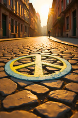 Peace symbol painted on cobblestone street at sunset with golden light