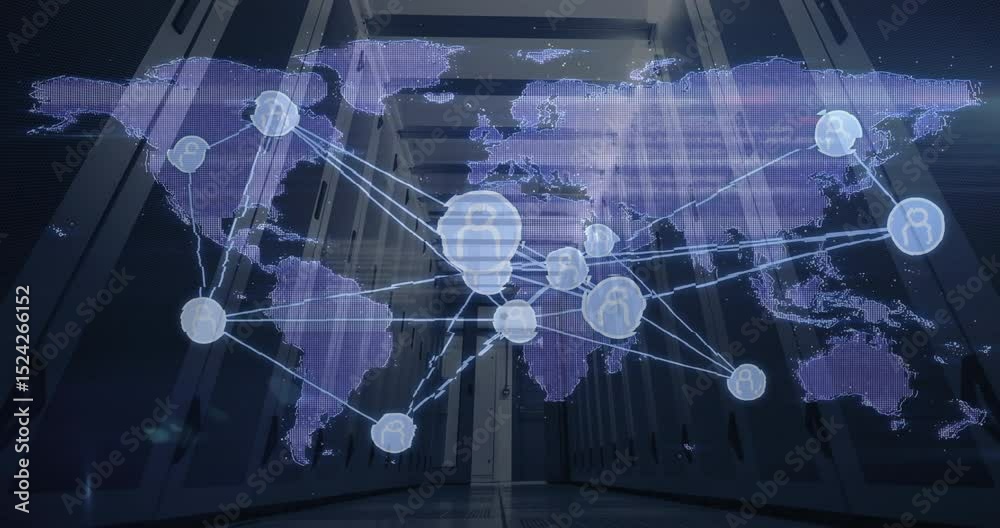 Poster holographic map materializing nodes pulsing neon lines linking servers visualizing data flow