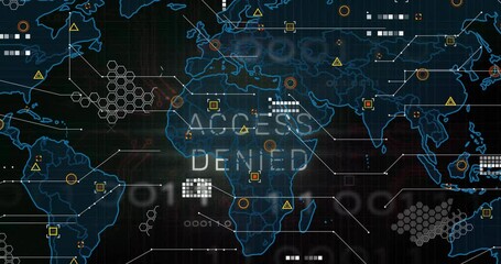 Dark screen revealing world map animating hex grids nodes flickering ACCESS DENIED scanning network - Powered by Adobe