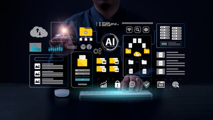 The concept of AI data management, cloud file storage and data backup. Businessman uses artificial intelligence to process documents, privacy protection. secure data storage, cybersecurity. 