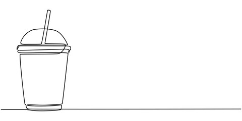 Plastic cup with dome lid continuous one line drawing, Cup with dome. Icon on Red background with shadow, Single line drawing of a hand holding a cup of iced coffee. Clear plastic cup with sphere