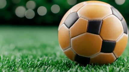 Fototapeta premium Close-up of a classic black and white soccer ball on a green grass field