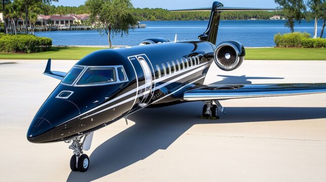 Private jet parked on a tarmac with a scenic lake and greenery in the background