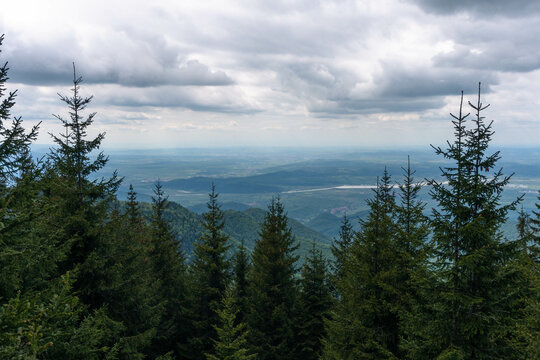 top view from mountain ladder landscape with clouds in summer carpathians romania with lights below clouds and green forests