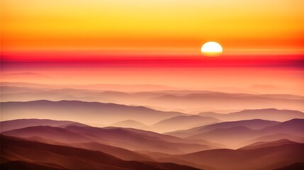 Warm sun setting over hazy mountains