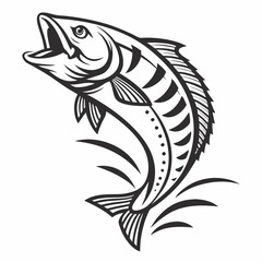 Leaping fish vintage style black and white illustration