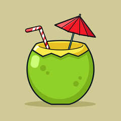 Tropical Coconut Drink with Straw and Umbrella Vector Illustration
