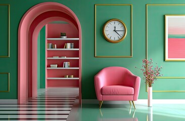 A simple composition of an emerald green wall with a pink armchair and gold geometric art, set against the white background of a modern room