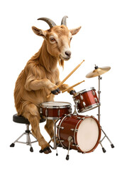 Musical Goat Drummer: A playful goat sits behind a drum kit, skillfully playing the drumsticks.  The goat's expressive eyes and focused pose create a humorous and endearing image.