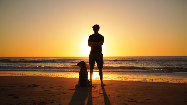 Silhouette of man and dog at sunset on beach