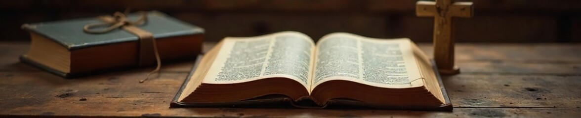 Obraz premium A well-worn Bible rests open on a rustic wooden table, surrounded by other Christian books and a simple cross, bathed in soft, warm light , texture, rustic