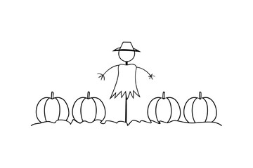 Simple line drawing scarecrow standing in pumpkin patch