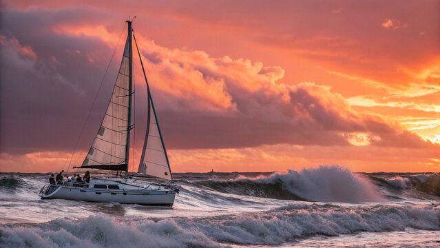 White sailboats sailing into the ocean at sunset - Powered by Adobe