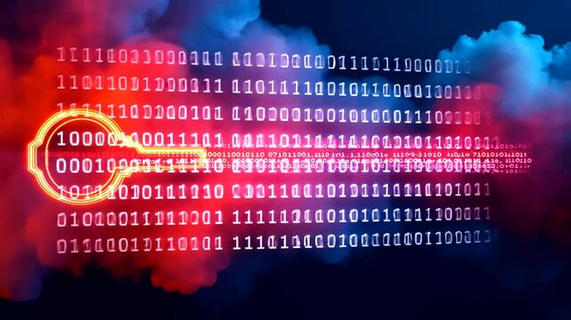 Neon Key with Cloud of Smoke and Binary Code Background