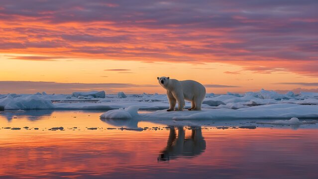 Polar bear sunset on ice
