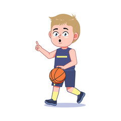 Fototapeta premium Blond Cute Little Boy Cartoon Playing Basketball Point Guard Dribble