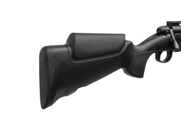 Close-up of black synthetic rifle stock with textured grip and adjustable cheek rest, isolated on white back