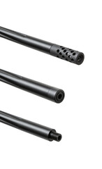 Three configurations of a rifle barrel muzzle, including a muzzle brake, capped thread, and exposed thread, isolated on white back