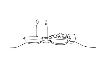 Simple line drawing of shabbat dinner candles and food