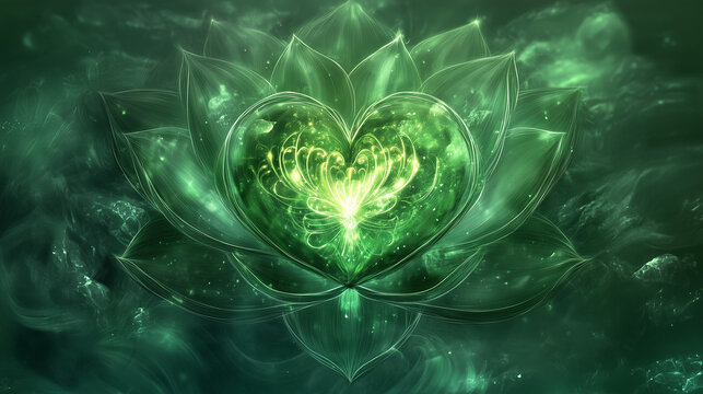 green lotus radiating mystical energy light. symbolizing heart chakra, forth chakra anahata