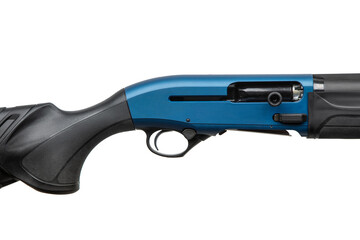 Close-up view of a modern semi-automatic shotgun receiver with blue finish and black tactical grip,...