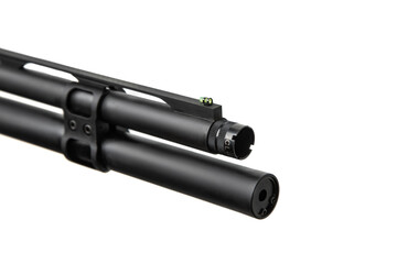 Shotgun muzzle close-up with fiber optic front sight and choke tube, black barrel detail isolated...
