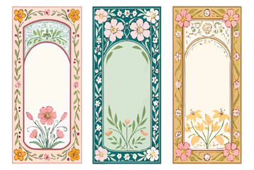 Obraz premium Three vertical Art Nouveau panels with floral borders and central empty spaces in pink, teal, gold. 