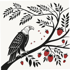 Majestic eagle perched on strawberry branch, clean cutout