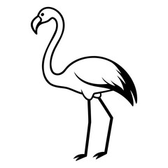 Outline drawing of a flamingo standing with its long neck and thin legs visible on transparent background