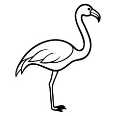 A simple black and white line drawing of a flamingo standing on two legs alone here on transparent background