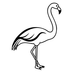 Illustration of a standing flamingo with long neck and legs in black outline on transparent background