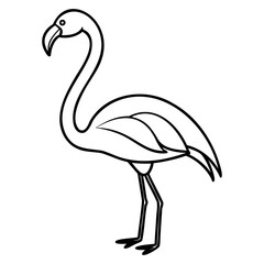 A line drawing of a flamingo standing on two legs with its neck curved gracefully on transparent background