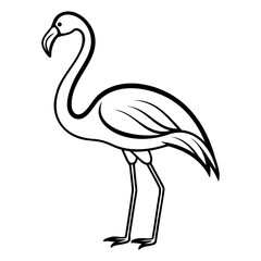 A black and white line drawing of a flamingo standing on two thin legs profile on transparent background