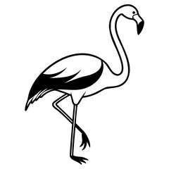 Illustration of a flamingo standing on one leg with a long neck and curved beak on transparent background