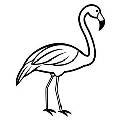 Illustration of a flamingo standing with its long neck and thin legs outlined on transparent background © QuickDesign24