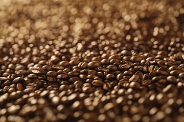 A close-up shot of numerous dark roasted coffee beans, shallow depth of field, warm lighting creates a bokeh effect in the background