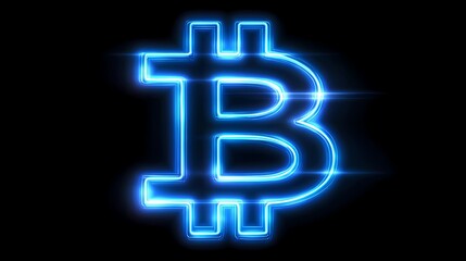 Obraz premium Neon Blue Bitcoin Symbol on Dark Background