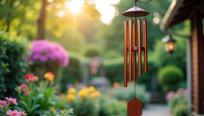 Wind chimes in vibrant garden setting at sunset