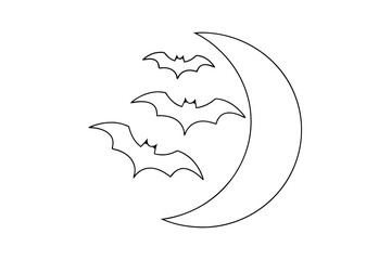 Halloween bats flying around crescent moon line drawing illustration