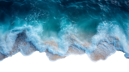 Aerial view turquoise ocean waves crashing sandy beach isolated on transparent background