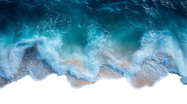 Aerial view turquoise ocean waves crashing sandy beach isolated on transparent background