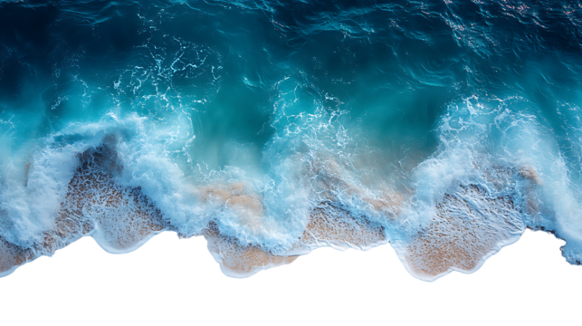 Aerial view turquoise ocean waves crashing sandy beach isolated on transparent background - Powered by Adobe