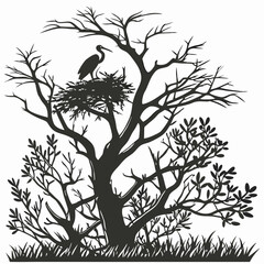 Silhouette storks nestled in a majestic tree