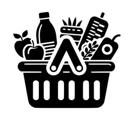 Black and white grocery shopping basket icon