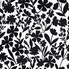 Seamless pattern of dark floral silhouettes on a white background botanical illustration