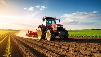 Obraz premium Powerful Red Tractor Cultivating a Lush Green Field at Sunset Agricultural Machinery Working the Soil